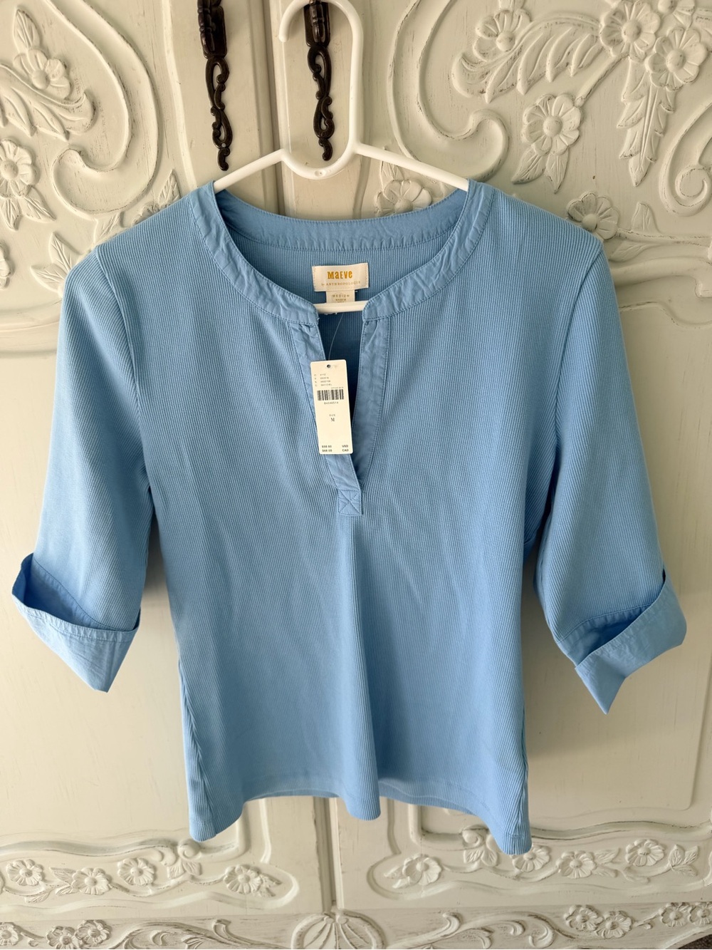 NWT Anthropologie Maeve Light Blue Three-Quarter Sleeve Henley Top